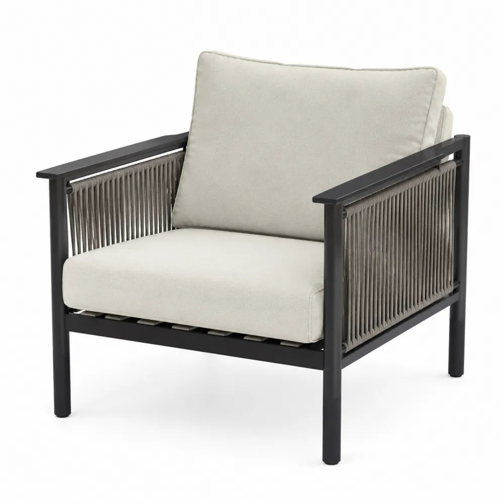 Fauteuil de jardin en corde synthétique avec coussins beige et structure métal noir 75 x 80 x 85 cm