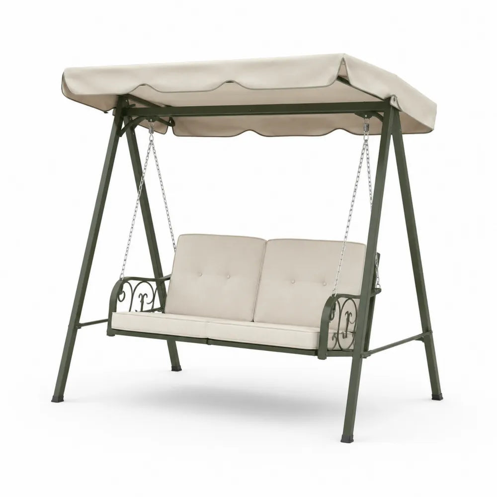 Balancelle de jardin 3 places avec auvent en acier vert olive et coussins beige 170 x 110 x 153 cm
