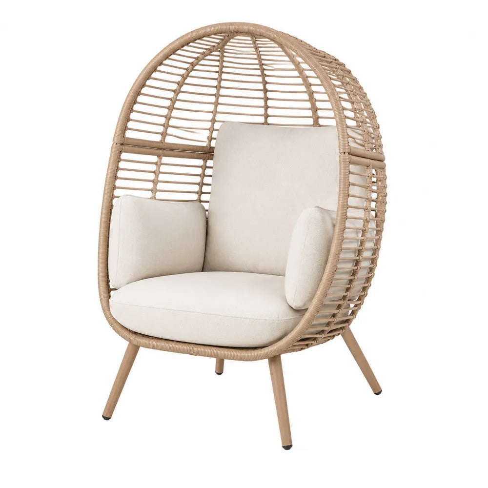 Fauteuil œuf d’extérieur en résine tressée PE naturel sur pieds en bois avec coussins écru 100 x 90 x 150 cm