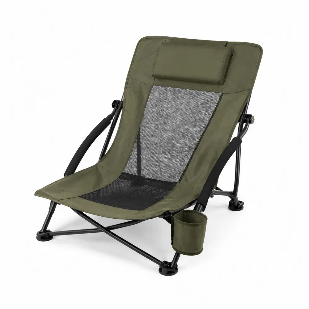Chaise de camping pliante en acier et polyester Oxford vert olive avec porte-gobelet dossier inclinable 65 x 57 x 72 cm