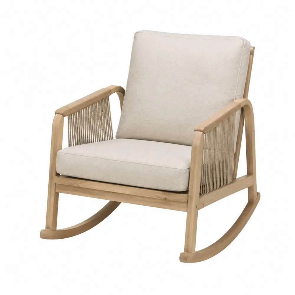 Fauteuil à bascule de jardin en bois d’acacia avec corde tressée et coussins beige 75 x 80 x 85 cm