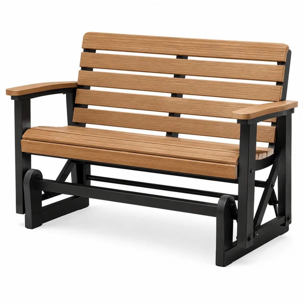 Banc de jardin 2 places à bascule en acier thermolaqué noir et bois massif naturel 125 x 70 x 85 cm