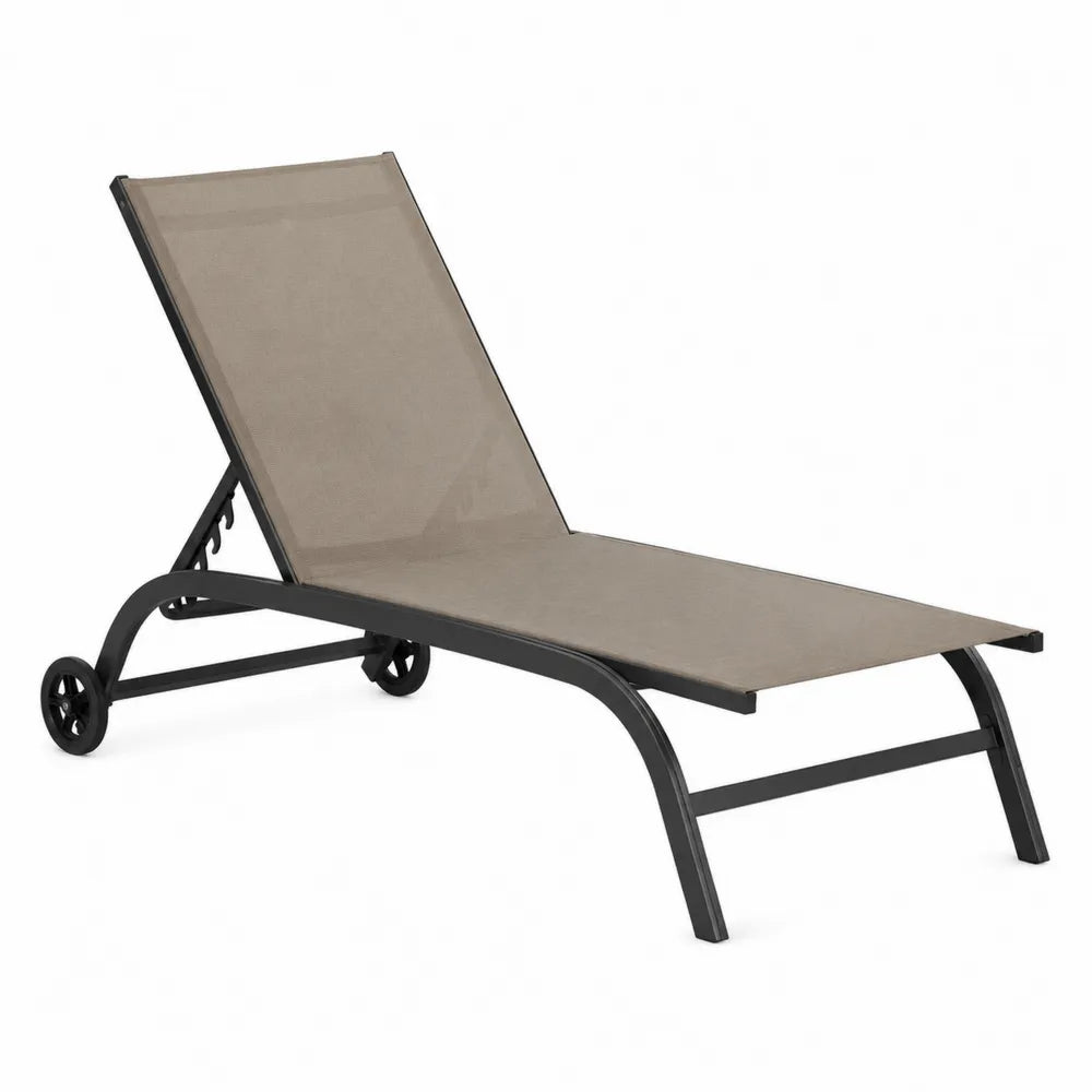 Bain de soleil de jardin réglable en aluminium noir avec toile textilène taupe et roulettes 195 x 65 x 85 cm