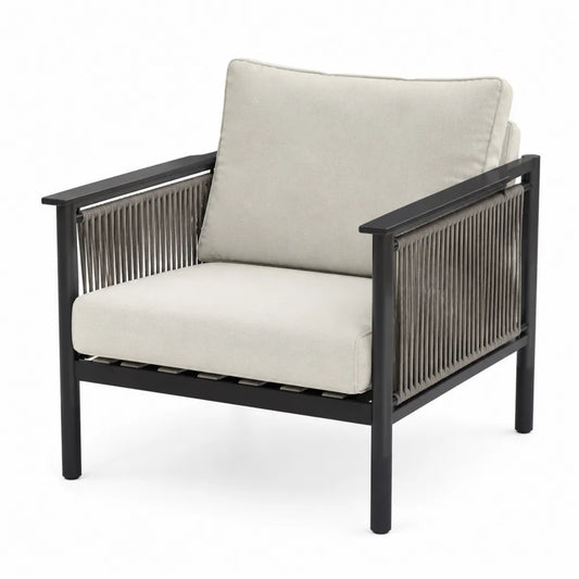 Fauteuil de jardin en corde synthétique avec coussins beige et structure métal noir 75 x 80 x 85 cm