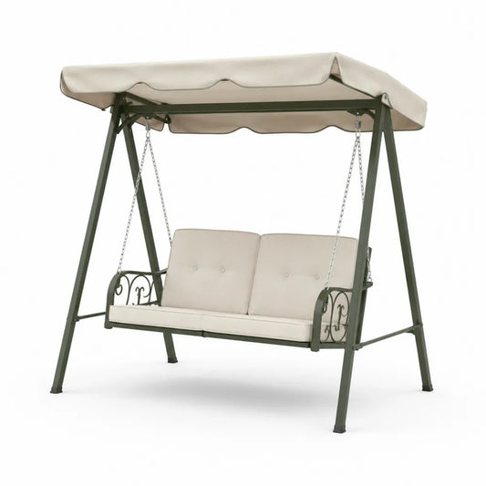 Balancelle de jardin 3 places avec auvent en acier vert olive et coussins beige 170 x 110 x 153 cm