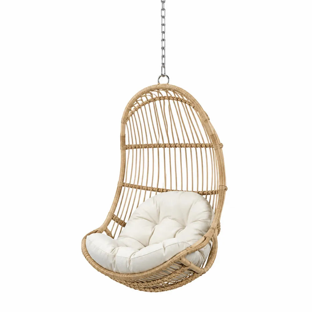 Fauteuil suspendu de jardin en rotin synthétique avec coussin beige et chaîne acier naturel 110 x 90 x 195 cm