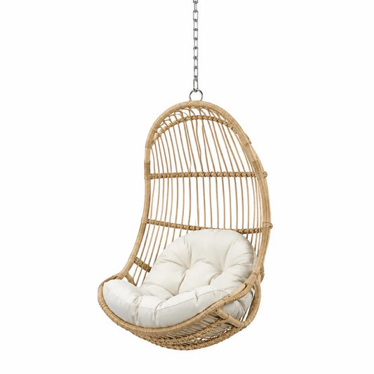 Fauteuil suspendu de jardin en rotin synthétique avec coussin beige et chaîne acier naturel 110 x 90 x 195 cm
