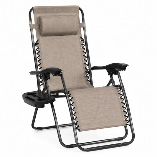 Fauteuil relax zéro gravité pliant avec tablette latérale acier noir toile textilène taupe 165 x 66 x 112 cm