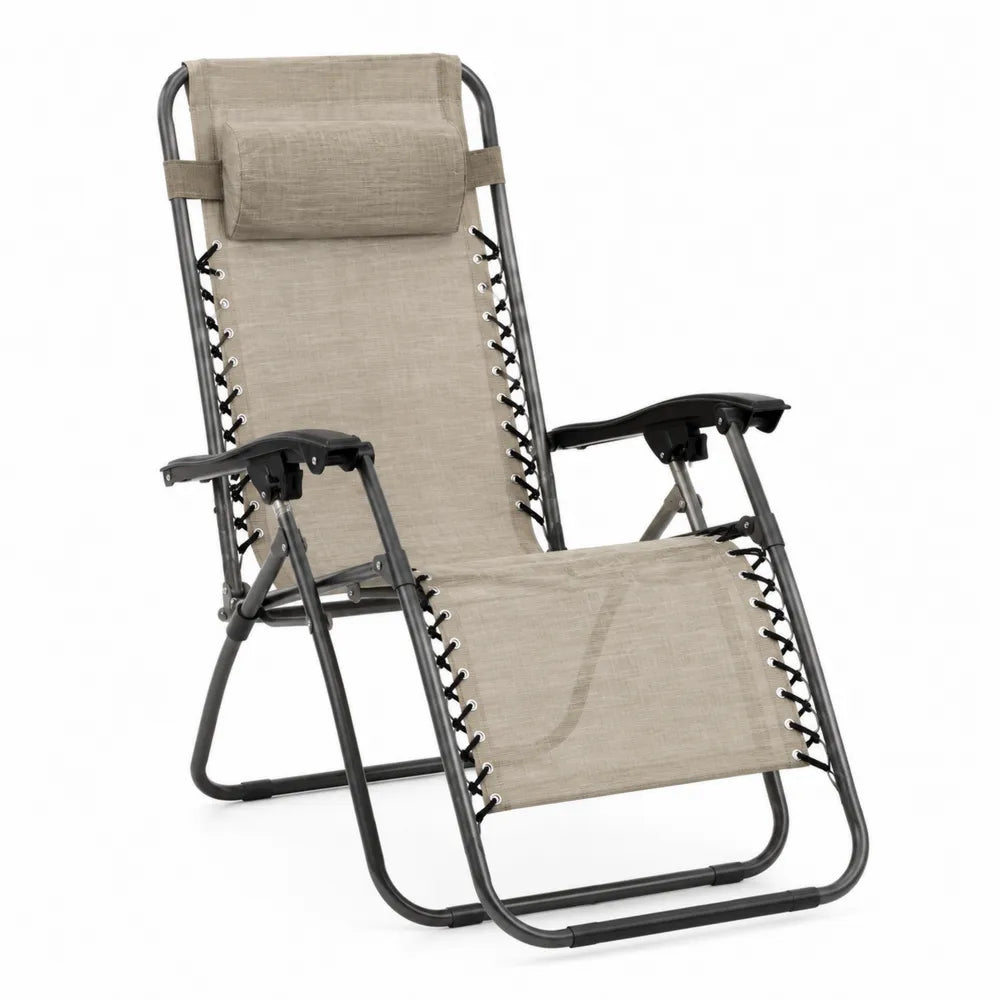 Fauteuil relax de jardin zéro gravité pliant avec tablette latérale acier tubulaire gris toile textilène taupe 165 x 65 x 113 cm
