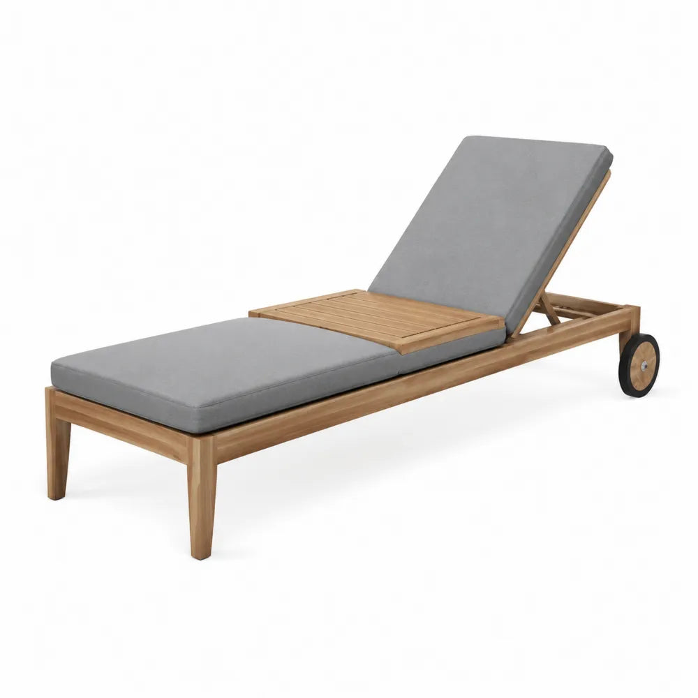 Bain de soleil en teck massif avec coussins gris dossier inclinable tablette en bois roues 200 x 65 x 92 cm