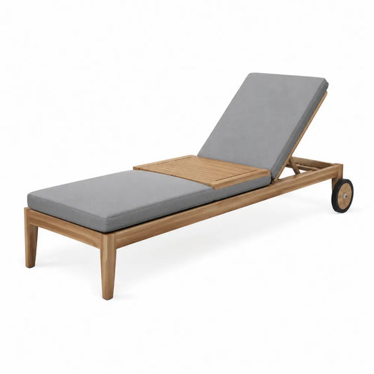 Bain de soleil en teck massif avec coussins gris dossier inclinable tablette en bois roues 200 x 65 x 92 cm