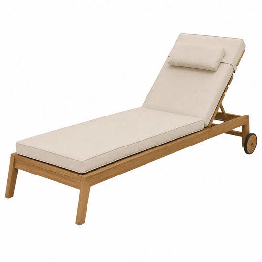 Bain de soleil en bois d’acacia avec coussins beige dossier inclinable et roues 200 x 65 x 90 cm