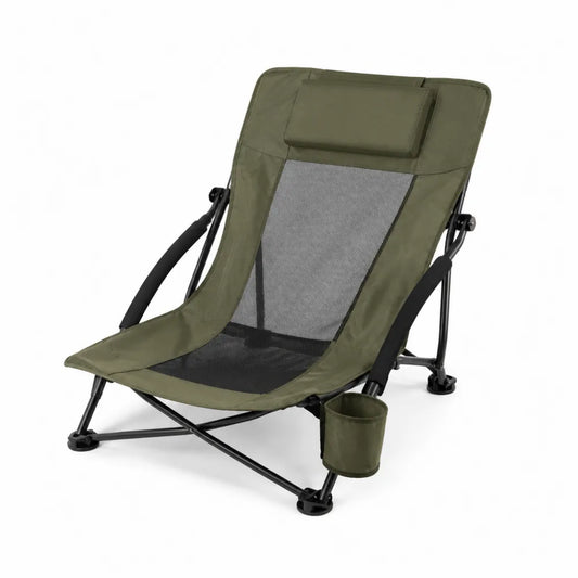 Chaise de camping pliante en acier et polyester Oxford vert olive avec porte-gobelet dossier inclinable 65 x 57 x 72 cm