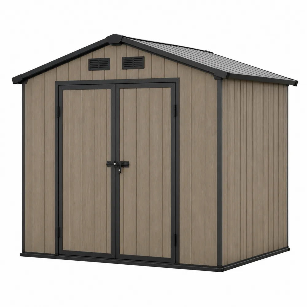 Abri de jardin en résine polypropylène aspect bois avec double porte et toit à deux pentes 214 x 130 x 185 cm