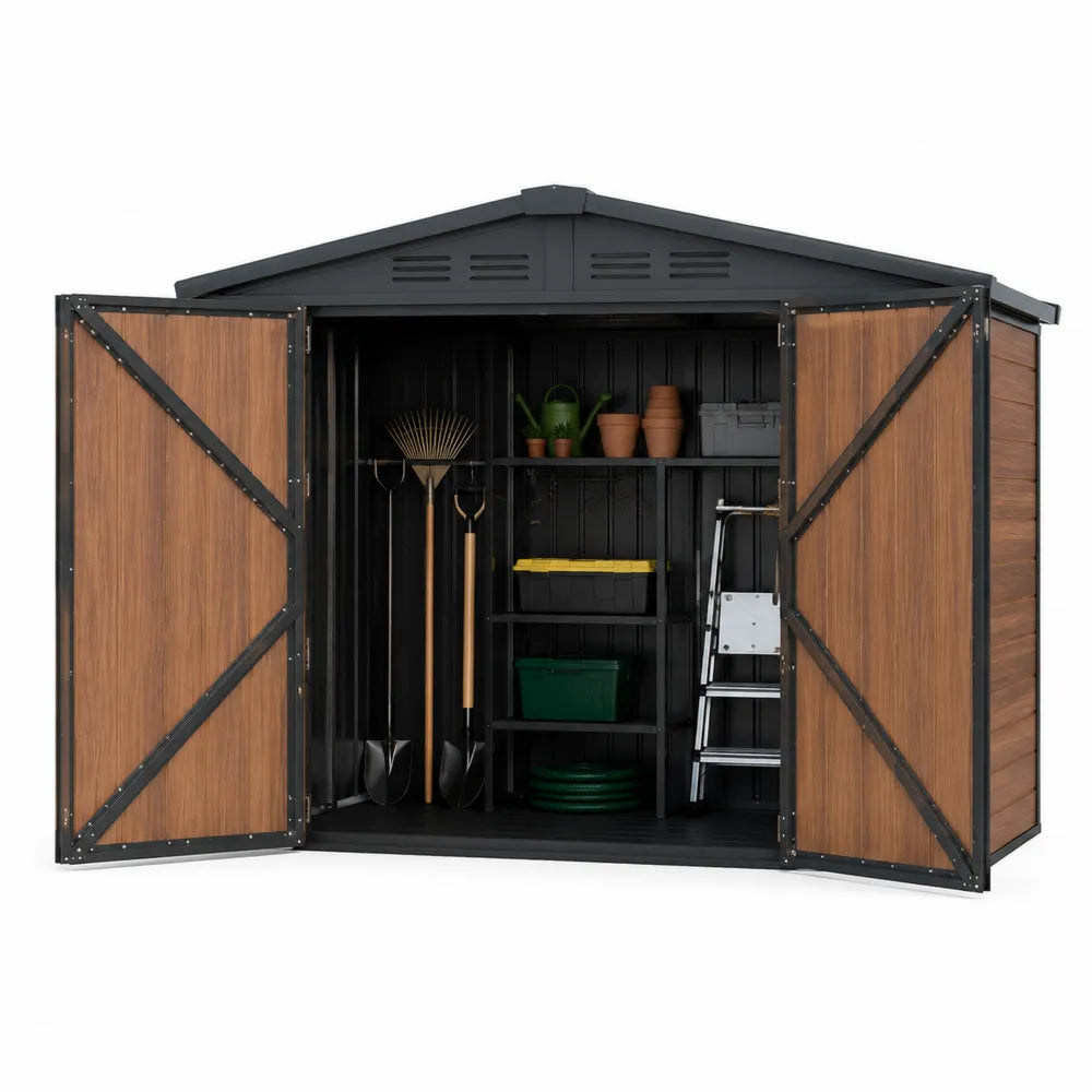 Abri de jardin en acier avec effet bois et double porte 214 x 130 x 185 cm