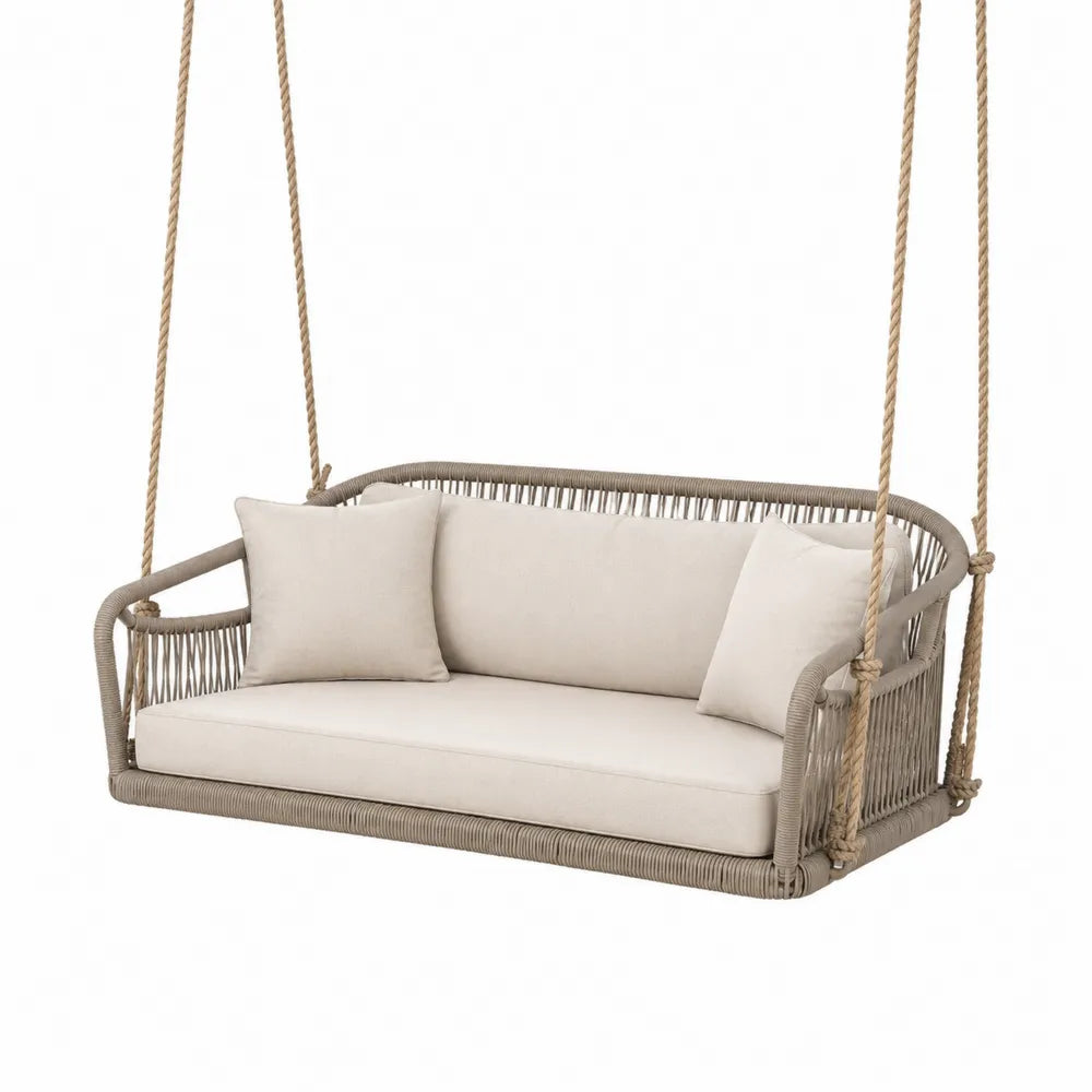 Balancelle suspendue de jardin 3 places en aluminium et corde tressée taupe avec coussins beige 180 x 75 x 65 cm