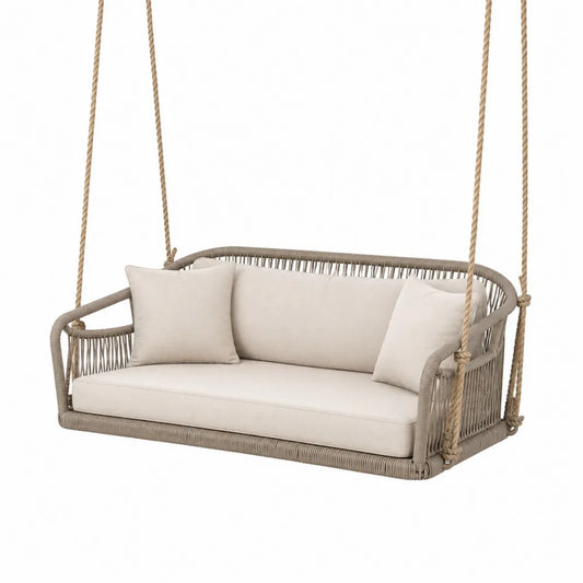 Balancelle suspendue de jardin 3 places en aluminium et corde tressée taupe avec coussins beige 180 x 75 x 65 cm