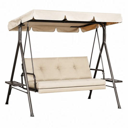 Balancelle de jardin 3 places avec toit en polyester et structure en acier avec coussins beige 190 x 120 x 165 cm